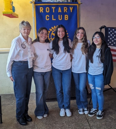 Pictured (l-r) are Fillmore Rotarian Martha Richardson (RYLA Coordinator), and rotary guest speakers Daniela Curiel, Aerin Garcia, Presley McLain and Diana Martinez. 