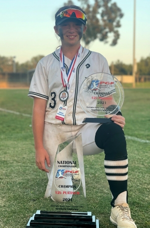Azaria Aguilar (above) a Fillmore Middle School student who plays for the Athletics Mercado Godoy (AMG) Softball Team, competed and won the 2021 Premier Girls Fastpitch (PGF) Platinum National Championships.