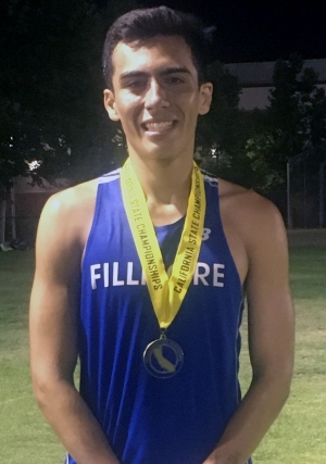 Fillmore’s Fabian Del Villar took 4th place in the California State Championship Meet this past weekend, finishing with a time of 9:05.45, setting a new school record and earning a State Championship medal. Photo Courtesy Kim Tafoya.
