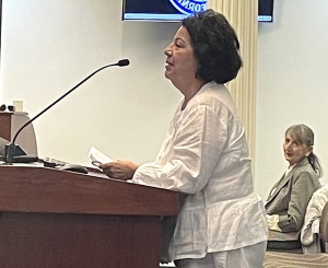 Pictured is speaker Laura Espinosa commenting on the future closing of Santa Paula Hospital. Espinosa is a former Santa Paula Councilwoman and as of June 2024, chairperson of the Ventura County Medi-Cal Managed Care Commission. Photo credit Angel Esquivel.