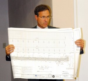 Bert Rapp, Director of Public Works, shows FEMA’s flood map to council, Wednesday night.