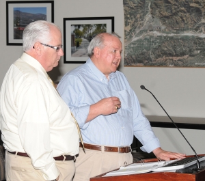 Stephen R. Stuart and Dave Burkhart discuss sewer bill payment options with council Tuesday night.