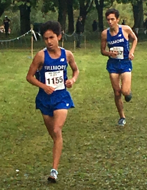 Pictured out in front is Fillmore’s Michael Camilo Torres who finished in first with a time of 16:04.77 at Thursday’s race at Elkins Golf Course in Fillmore. Michael was also named Citrus Coast Most Valuable Runner. Photo courtesy Kim Tafoya.