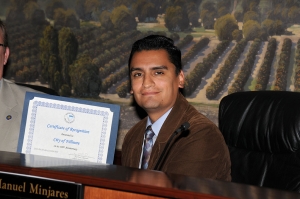 Mayor Manuel Minjares displays a Proclamation from the Ventura Regional Sanitation District to the City of Fillmore recognizing the town’s 100 Year Centennial at Tuesday night’s council meeting.