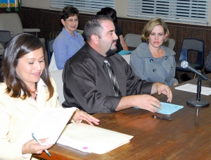 From the left, Dean of Sierra High School, Cynthia Frutos, Fillmore Middle School Principal Todd Schieferle, and FMS Assistant Principal, Tricia Godfrey, address the Fillmore School District Board at Tuesday’s regular meeting.