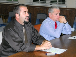 Campus Updates…
Fillmore Middle School (FMS) Principal Todd Schieferle, left, and Sierra High School (SHS) Principal Tony Held provided updates on plans to improve student academic achievement, school discipline and safety, and parent outreach, at Tuesday night’s school board meeting. Schieferle emphasized FMS’s improved school climate and a new-to-FMS professional development method, Professional Learning Communities (PLC).