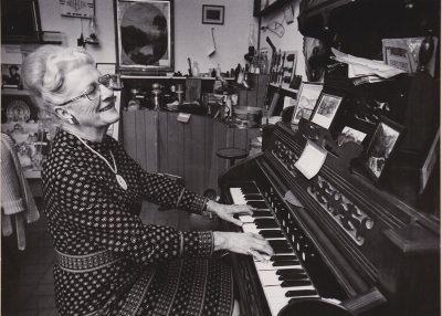 Pictured above is Edith Moore Jarrett at the organ, circa 1977. In 1971 Edith announced the new Fillmore Historical Museum had been created and was looking for items of historical significance. Inset, the front page of the Estey Organ Catalog, 1886. Photo credit Fillmore Historical Museum. 