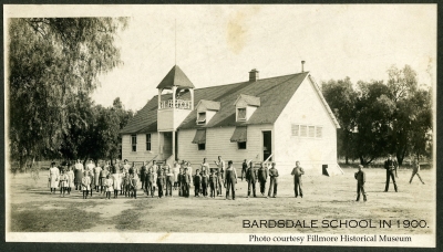 First Bardsdale School, c 1900, which was on Ventura Street between Bardsdale Avenue and Pasadena Street. The school eventually needed more space and a new school was built on the same site. Courtesy Fillmore Historical Museum.