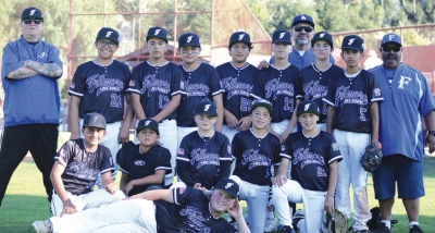 Fillmore All-Star team won the 63 District Championship, first time in 40 years. Pictured back row (l-r) Coaches Ricky Gonzalez, Andy Lopez, Damian Magana; Middle row (l-r) Ralphy Avila, Athen Escobedo, Rocky Balboa, Victor Alvino, Drew Lopez, Ethan Zavala, Gabriel Magana; Bottom row (l-r) Isaac Ramirez, Joseph Minister, Malcom Dunbar, Adan Herrera, Aiden Arias, and reclining is Ted Chewning. Inset, the team celebrating at homeplate after teammate Drew Lopez’s homerun during the big game. Photo credit Aaron Escobedo. 