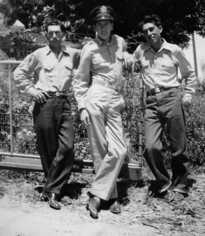 Above are the three amigos, George William, the author’s grandfather (Mark Aguirre), his father George Benjamin (in uniform) and Joe Nunez, 1944. Photo courtesy Fillmore Historical Museum. 