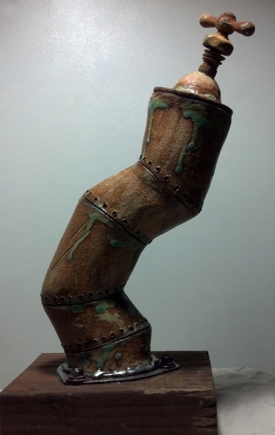 “Adequate Pipe” by Dylan Gasaway (Ventura College), high fired ceramic, metal, wood and reclaimed materials, Collection of the artist.