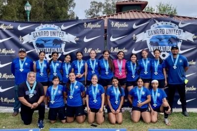 California United FC 2008 Girls team was named finalists in the Oxnard United Invitational. Top row (l-r): Coach Aciano Mendez, Lisbeth Magaña, Valerie Rubio, Alondra Leon, Danna Castillo, Brooke Nuñez, Elena Garcia, Alina Juarez, Leanna Lomeli, Nevaeh Nappi, Lizbeth Mendez, and Head Coach David Vaca; bottom row (l-r): Coach Daniel Garcia, Monica Botello, Jayleen Porter, Karissa Terrazas, Gabriela Perez, Sara Diaz, and Kimberly Biviano. Not Pictured: Natalie Jacinto and Kimberly Magaña. Photo Credit Erika Arana (Public Relations), California United FC. 