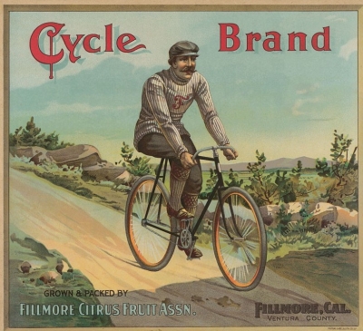 Above is the early “Cycle” crate label, Fillmore Citrus Association, c. 1900, printed by Schmidt Lithograph of San Francisco. The label has a cyclist peddling down a path. He is wearing a sweater with “F” on it and a flat cap. Photo courtesy Fillmore Historical Museum.