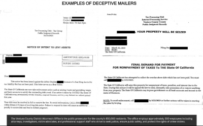 Pictured above are Examples of Deceptive Mailers. Courtesy Ventura County District Attorneys’ Office. 