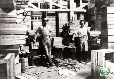 Building boxes for Sparr Fruit Company circa 1915, with two workers smiling while they stop building for a photo.