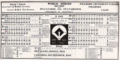 World Series Score Card at the Pool Hall in 1944.