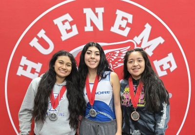 On Saturday, December 14, FHS Girls Wrestling competed at Hueneme High School’s “Showdown at the Shore”. Above is Fillmore’s Emma Torres, Skyla Sandoval and Alexa Martinez who had outstanding showings and medaled in the Showdown. Photos by Jimmy Torres Jr.