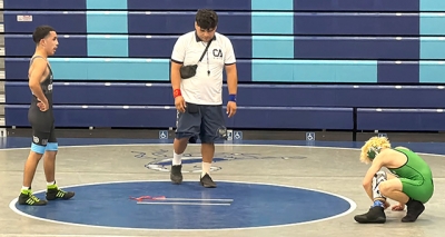 Pictured above is Jasiah Cervantes during his match against a wrestler from Thousand Oaks at the Tri Counties Wrestling Association Folkstyle Tournament on Saturday, September 26, 2026. Photo credit Chris Cervantes.