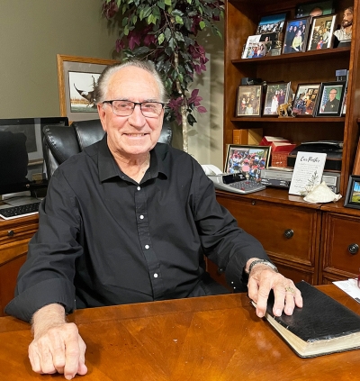 Pastor George Golden in his office at First Baptist Church of Fillmore. Photo credit Carina Monica Montoya.
