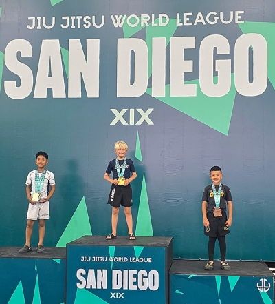 Pictured above far right is Fillmore’s Dax Camacho, who placed third in the Youth Male Grey Belt (60–69 lbs.) No-Gi division at the Jiu-Jitsu World League San Diego tournament. Photo credit Michael Torres.