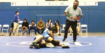 On Wednesday, November 20, Fillmore Girls Wrestling took on the Agoura Chargers. Pictured above is Fillmore’s Celeste Juarez (grade 12) during her match where she defeated her opponent.