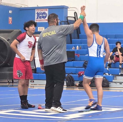 Pictured is Fillmore’s Abraham Castorena after defeating Santa Paula; Abraham went 1-1 overall. Photo credit Michael Torres.