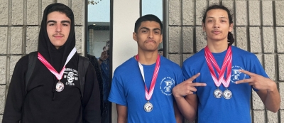 On Saturday, December 14, Fillmore Flashes Boys Wresting traveled to Lancaster for the High Desert Duals Tournament. Pictured are three Flashes who placed in the tournament, Brendan Morales (2nd Place), Tony Lemus (1st Place), Emiliano Castanon (2nd Place). Photo credit Boys Head Coach Manuel Ponce.