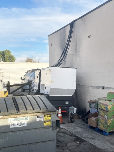 Above is the generator located behind Super A Foods, which was damaged in the fire set on Monday, February 3, 2025, at 12:30am. Police have made an arson suspect arrest, Jose Gilberto Vasquez, 32 of Fillmore. Photo credit Angel Esquivel.