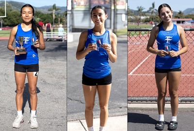 Pictured left is Flashes Camila Rodriguez who ran in the Fillmore Varsity Girls 1600 Meter and finished second with a personal best time of 5:05.65 and was a medal winner. Center is Fillmore’s Janessa Corona who placed fourth in the Girls Varsity Long Jump, leaping 14’ 09’’and was a medal winner. Pictured right is Flashes Kimberly Magana for the Girls Varsity 100-meter run and placed third in a time of 12.55. Kimberly was a medal winner in this event. Photo courtesy of Coach Anthony Chavez.