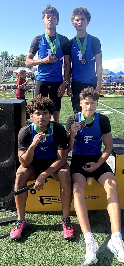 Above is Fillmore Flashes 4 x 100 team which earned 6th place at the Ventura County Championships, Invitational Division. Standing (l-r) are Nathan Hernandez and Josh Felix; sitting (l-r) are Jasiah Patterson and Saul Fraga Sandoval.