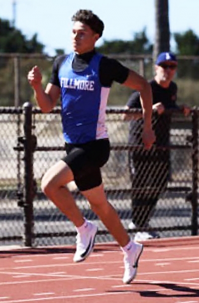 On Saturday, February 21, Fillmore Flashes Track and Field teams competed at the Rincon Relays and Field Meet. Pictured is Flashes Saul Fraga-Sandoval who placed 1st in the Varsity 100-meter and had three personal records in the Long Jump, 100-meters, and 200-meters at the Rincon Relays. Photo credit Coach Anthony Chavez.