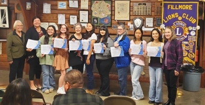On Monday, February 17, the Fillmore Lions Club annual speaker contest took place and contestants waited patiently to give their speeches to the Judges. Above are the contestants who participated: Diana Martinez, Emma Victor, Christine Nguyen (winner), Diana Santa Rosa, Camila Razo and Karla Hernandez – all students from Fillmore High School. Photo credit Fillmore Lions Club.