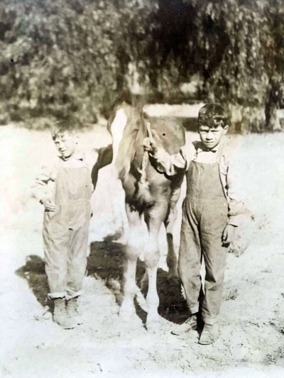 George William and his brother, Ernest Aguirre holding a colt, c 1910.