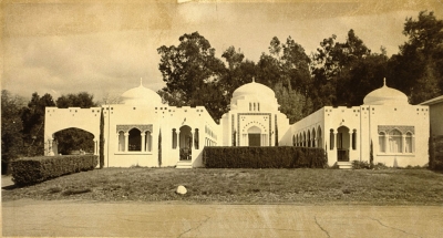 THE PLEIADES OR OJAI TAJ MAHAL: John Roine’s “The Pleiades.”  Known locally as the “Taj Mahal”, The Pleiades was created in 1930 by Edward Martin, a priest at Ojai’s Liberal Catholic Church.  Martin dedicated it to Krishnamurti, who he hoped would form a bond with him over the building.  Krishnamurti never responded, although he is purported to have driven by during at least one full moon.  John Roine designed the building and Martin’s wife named it “The Pleiades”.