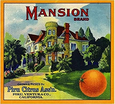 Mansion crate label, Piru Citrus Association