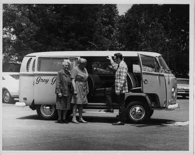 Grey Gables Mini Van - To service the valley’s growing senior population, Gray Gables administrator Dick York proposed several NRTA-AARP outreach programs: meals-on-wheels, a senior center, a retired senior volunteer program, and a mini-van transportation service. Photo courtesy of Archives of The Gables of Ojai.