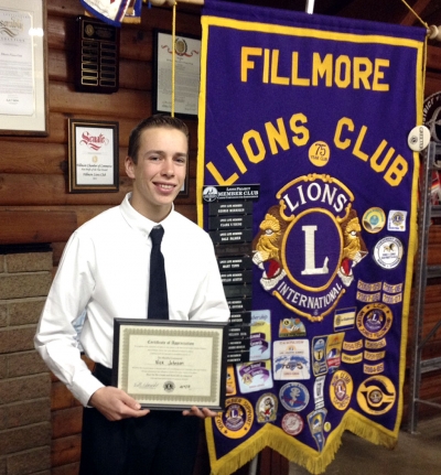 Fillmore Lions Club 2013 speech contest winner Nick Johnson holds his first place certificate.