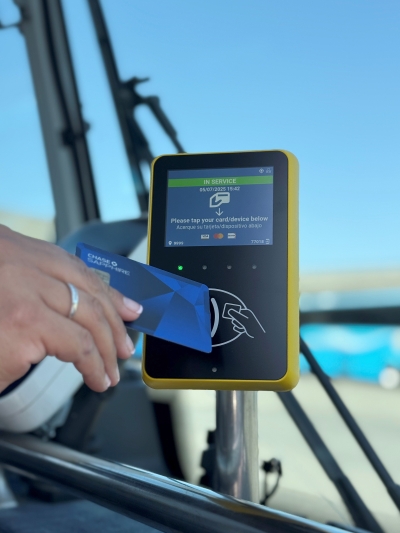 On June 23rd, Ventura County Transportation Commission (VCTC) launched Tap2Ride “contactless payment” where riders tap their card or device wait for the green “Go!” and screen to confirm payment was complete. Photo credit Ventura County Transportation Commission.