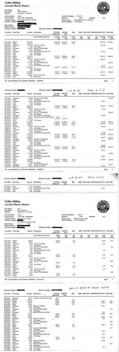 Water Sewer Billing Records History received from the City of Fillmore on October 5, 2012, for Fillmore Convalescent Center, Orange Blossom Villa (pages 1-3), and an attached residence (pages 4-5).