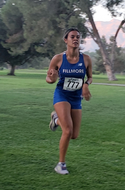 Above is Fillmore Senior Alianna Tapia who ran a personal best to finish very well in 15th place, posting a time of 19:08. Photo credit
Michael Torres.