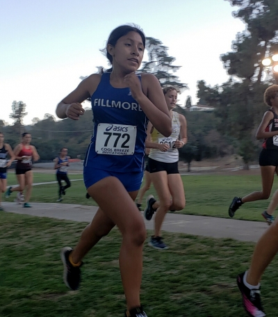 On Friday, September 3rd, a select group of athletes from the Fillmore Cross Country Team competed in the Cool Breeze Invitational in Pasadena. Freshman Niza Laureano (above) who was the second finisher in 81st place with a time of 20:58.6. Photo credit Michael Torres.