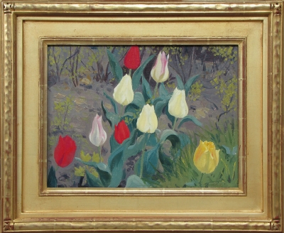 “Tulips” by Jessie Arms Botke, oil on board, 12” x 16”.