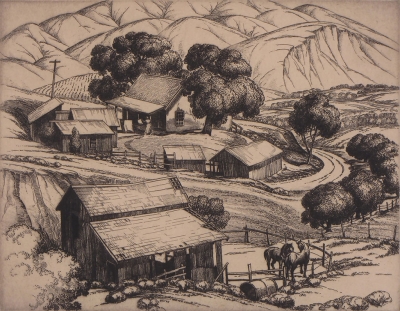 “Foothill Ranch” by Cornelis Botke, 1936, etching on paper, 7.5” x 9.5”