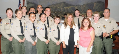 The Ventura County Sheriff’s Explorers receive a donation of $1,008 from Ari Larson with Cookie Lee Jewelry and Teresa Robledo with Diamond Realty at Tuesday night’s council meeting.