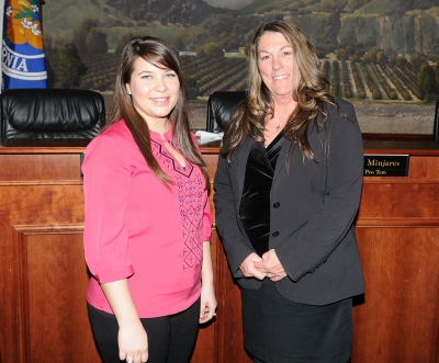 The new City Treasurer Shannon Godfrey, and new City Clerk Nancy Blendermann-Meyer.
