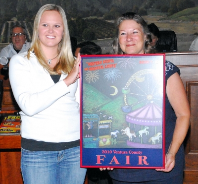 Pictured above Carolyn Mescher, with Ventura County Fairgrounds Publicity Dept., and Mayor Patti Walker displaying the VC Faire Poster 2010.