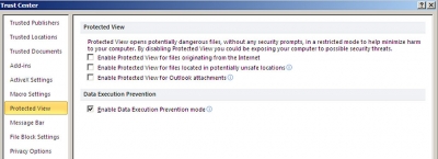 Now Select Protected View from the left pane and uncheck the desired security settings. This example I show is in Word 2010. You must manually uncheck the options from Excel 2010, PowerPoint 2010, Outlook 2010, etc. respectively.