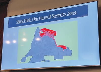 City Council discussed Ordinance 22-937 to prohibit accessory dwelling units and junior accessory dwelling units in very high fire hazards zones. Above is a map of Fillmore highlighting the high fire hazard severity zone, which was shown at last night’s meeting.