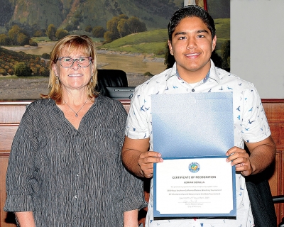 At last night’s city council meeting Adrian Bonilla was recognized for promoting sportsmanship and placing 8th in the 2019 Boys Southern California Masters Wrestling Tournament CIF Championship and advancing to the State Tournament.