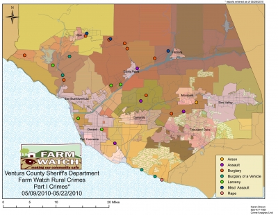 CRIME MAP:
Sheriff's Crime Analyst Karen Brown has produced a great map (attached in PDF) of our last few weeks rural crime. A picture is worth a thousand words and her crime fighting maps help us keep track of rural crime countywide. Take a peak at the map.